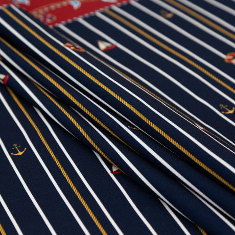 Stretch Polyester Crepe Panel - Nautical Treasures and Stripes - Sailboat Treasures Print - Mood Exclusive St. Tropez Collection