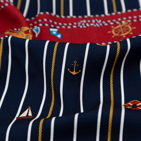 Stretch Polyester Crepe Panel - Nautical Treasures and Stripes - Sailboat Treasures Print - Mood Exclusive St. Tropez Collection