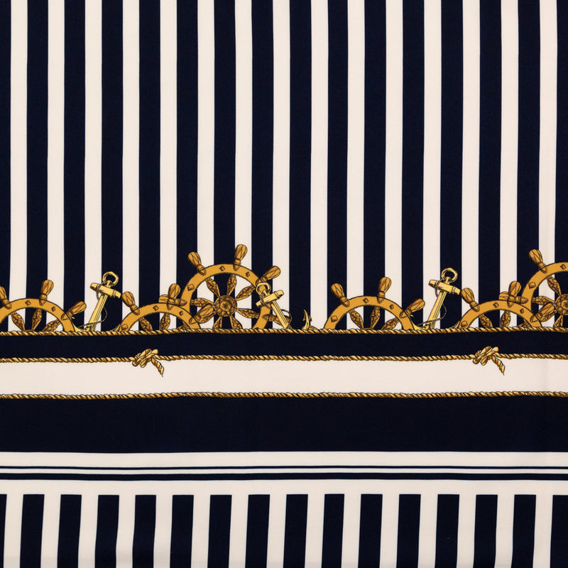 Stretch Polyester Crepe Panel - Ship Wheels and Stripes - Maritime Adornments Print - Mood Exclusive St. Tropez Collection