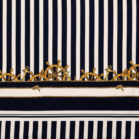 Stretch Polyester Crepe Panel - Ship Wheels and Stripes - Maritime Adornments Print - Mood Exclusive St. Tropez Collection