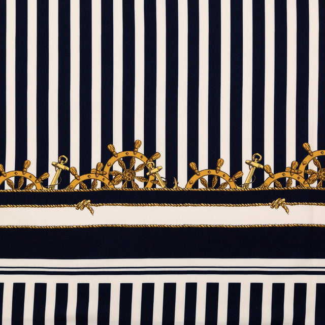 Stretch Polyester Crepe Panel - Ship Wheels and Stripes - Maritime Adornments Print - Mood Exclusive St. Tropez Collection