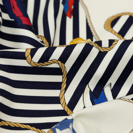Stretch Cotton Sateen Panel - Ship Wheels and Stripes - Maritime Adornments Print - Mood Exclusive St. Tropez Collection