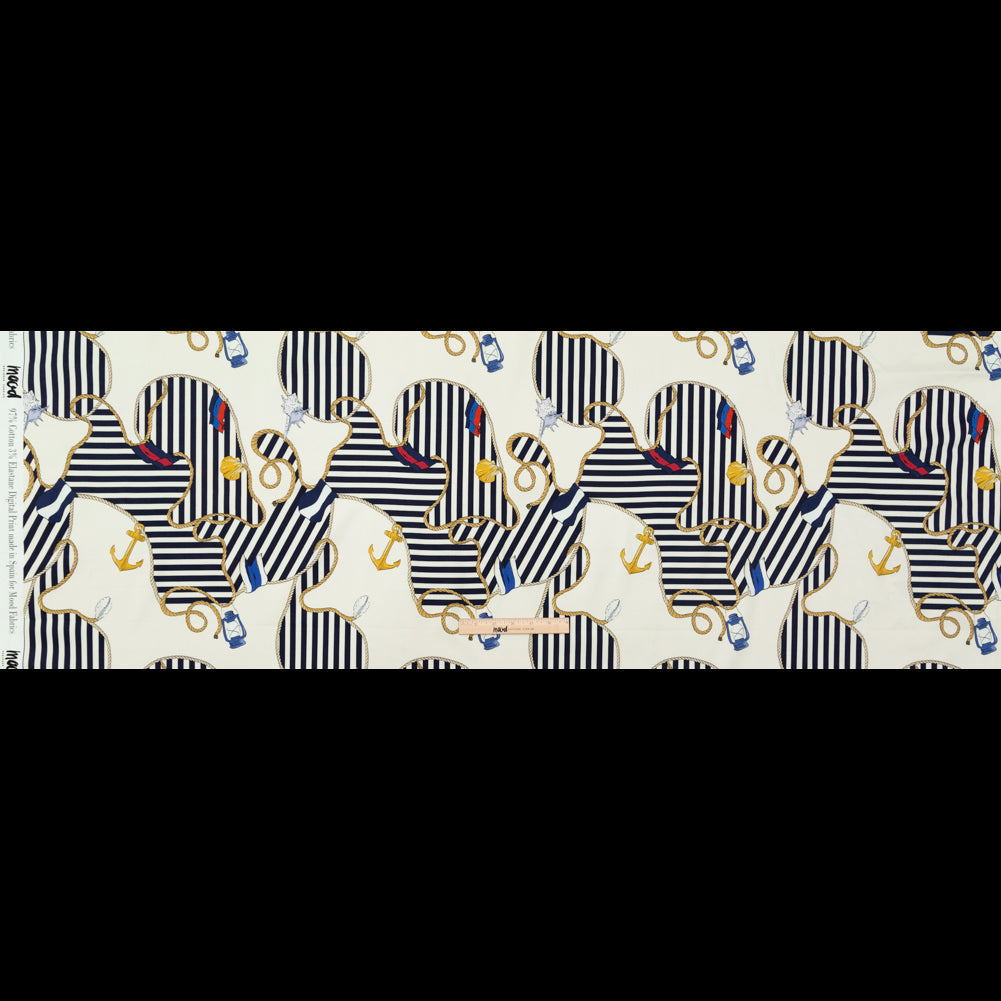 Stretch Cotton Sateen Panel - Ship Wheels and Stripes - Maritime Adornments Print - Mood Exclusive St. Tropez Collection