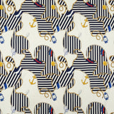 Stretch Cotton Sateen Panel - Ship Wheels and Stripes - Maritime Adornments Print - Mood Exclusive St. Tropez Collection