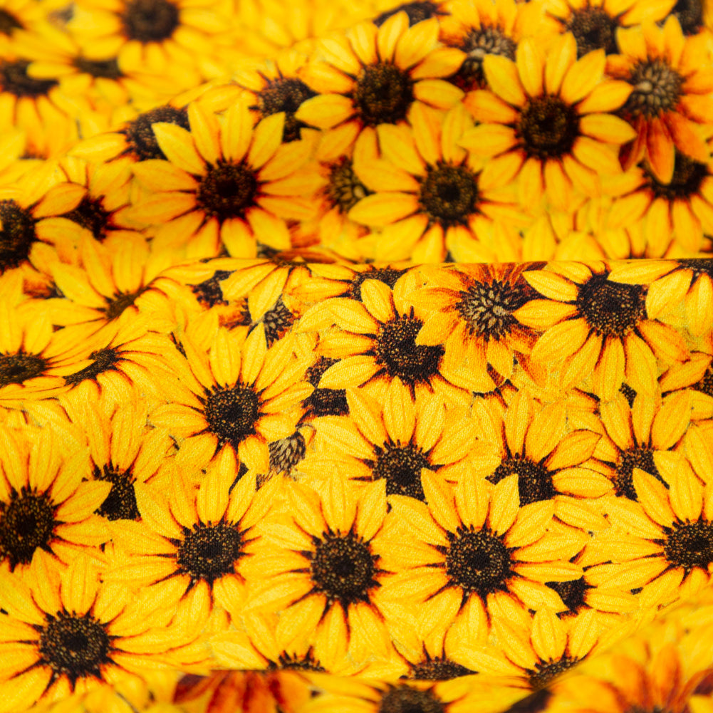 Stretch Cotton Sateen - Yellow and Brown Floral - Population Sunflowers Print - Mood Exclusive St. Tropez Collection