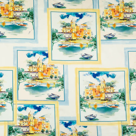 Stretch Cotton Sateen - Blue and Yellow Waterscapes - Palace Regattas Print - Mood Exclusive St. Tropez Collection