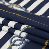 Stretch Cotton Sateen Panel - Navy and Gold Stripes and Ropes - Lighthouse Adventures Print - Mood Exclusive St. Tropez Collection