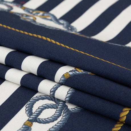 Stretch Cotton Sateen Panel - Navy and Gold Stripes and Ropes - Lighthouse Adventures Print - Mood Exclusive St. Tropez Collection