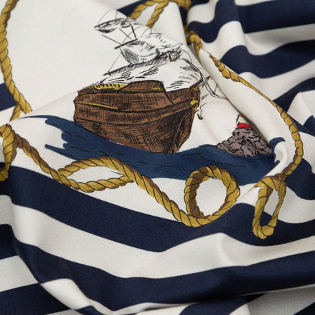 Stretch Cotton Sateen Panel - Navy and Gold Stripes and Ropes - Lighthouse Adventures Print - Mood Exclusive St. Tropez Collection