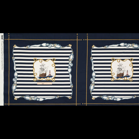 Stretch Cotton Sateen Panel - Navy and Gold Stripes and Ropes - Lighthouse Adventures Print - Mood Exclusive St. Tropez Collection