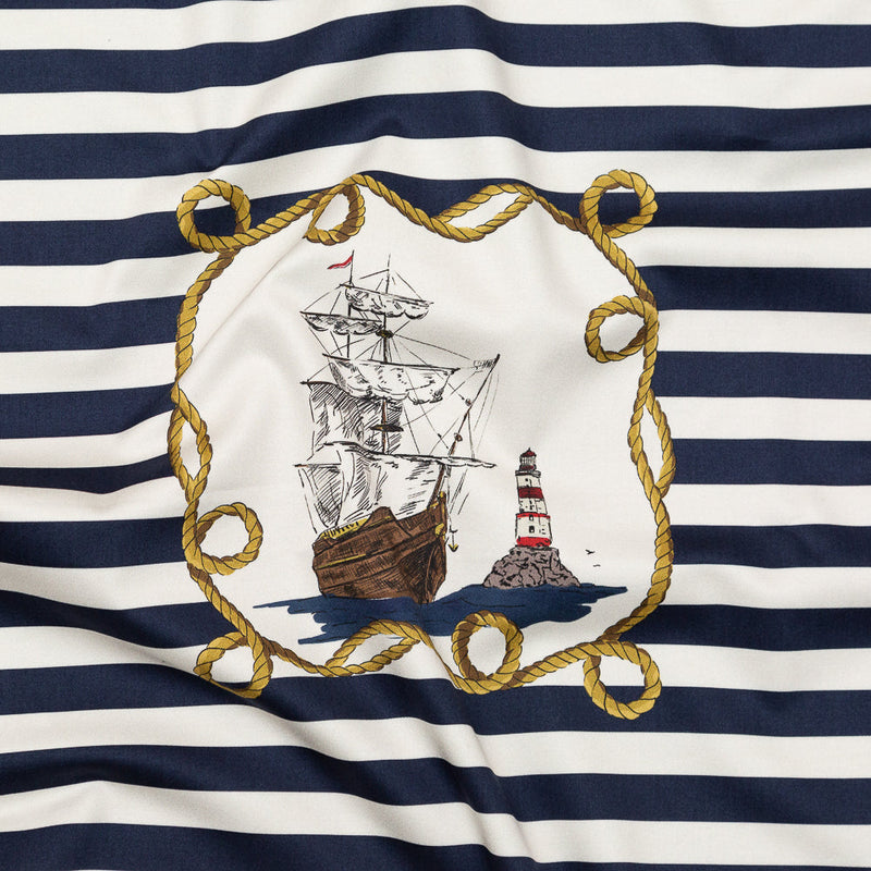 Stretch Cotton Sateen Panel - Navy and Gold Stripes and Ropes - Lighthouse Adventures Print - Mood Exclusive St. Tropez Collection