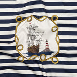 Stretch Cotton Sateen Panel - Navy and Gold Stripes and Ropes - Lighthouse Adventures Print - Mood Exclusive St. Tropez Collection
