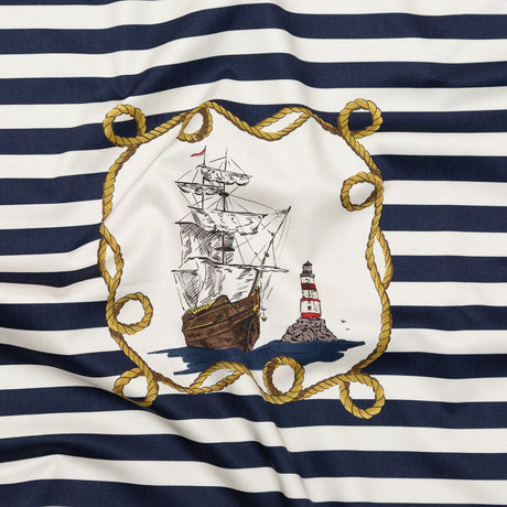 Stretch Cotton Sateen Panel - Navy and Gold Stripes and Ropes - Lighthouse Adventures Print - Mood Exclusive St. Tropez Collection