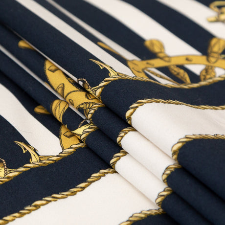 Stretch Cotton Sateen Panel - Ship Wheels and Stripes - Maritime Adornments Print - Mood Exclusive St. Tropez Collection