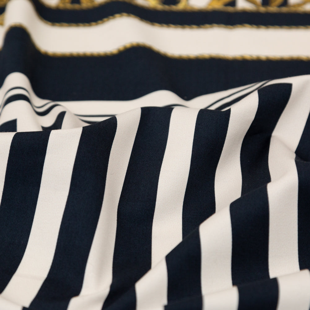 Stretch Cotton Sateen Panel - Ship Wheels and Stripes - Maritime Adornments Print - Mood Exclusive St. Tropez Collection