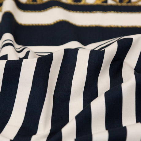 Stretch Cotton Sateen Panel - Ship Wheels and Stripes - Maritime Adornments Print - Mood Exclusive St. Tropez Collection