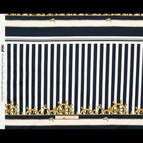 Stretch Cotton Sateen Panel - Ship Wheels and Stripes - Maritime Adornments Print - Mood Exclusive St. Tropez Collection