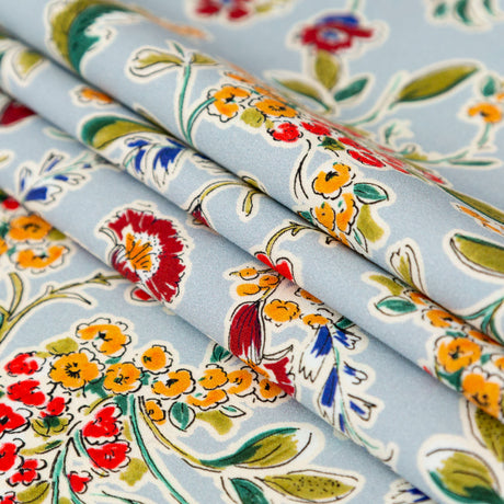 Stretch Cotton Sateen - Light Blue and Red Floral - Poppy Rivieras Print - Mood Exclusive St. Tropez Collection