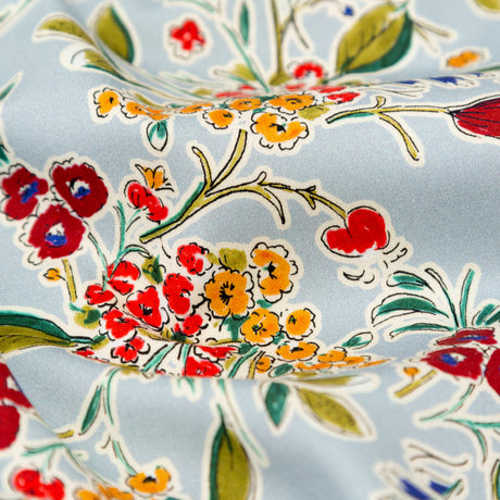 Stretch Cotton Sateen - Light Blue and Red Floral - Poppy Rivieras Print - Mood Exclusive St. Tropez Collection