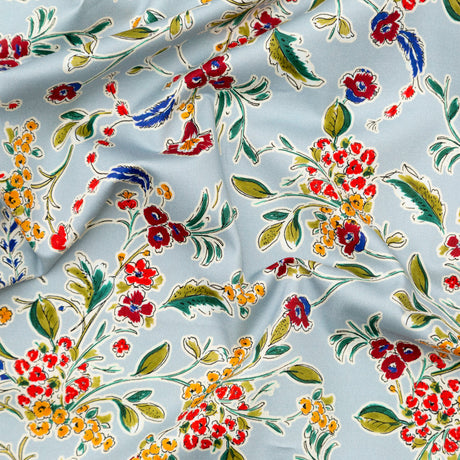 Stretch Cotton Sateen - Light Blue and Red Floral - Poppy Rivieras Print - Mood Exclusive St. Tropez Collection