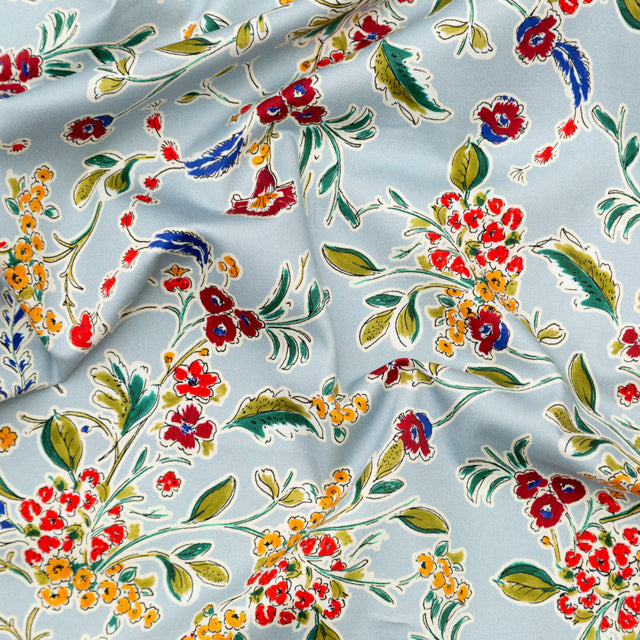 Stretch Cotton Sateen - Light Blue and Red Floral - Poppy Rivieras Print - Mood Exclusive St. Tropez Collection