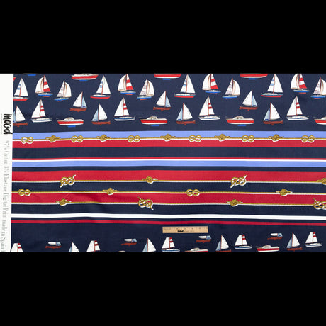 Stretch Cotton Sateen Panel - Red, White and Blue Sailboats and Stripes - Shipyard Surveys Print - Mood Exclusive St. Tropez Collection