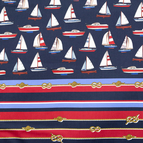 Stretch Cotton Sateen Panel - Red, White and Blue Sailboats and Stripes - Shipyard Surveys Print - Mood Exclusive St. Tropez Collection