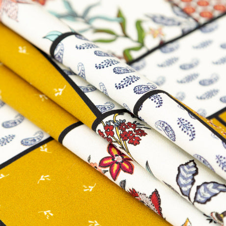 Stretch Cotton Sateen - Yellow and Red Floral Patchwork - Paisley Patches Print - Mood Exclusive St. Tropez Collection