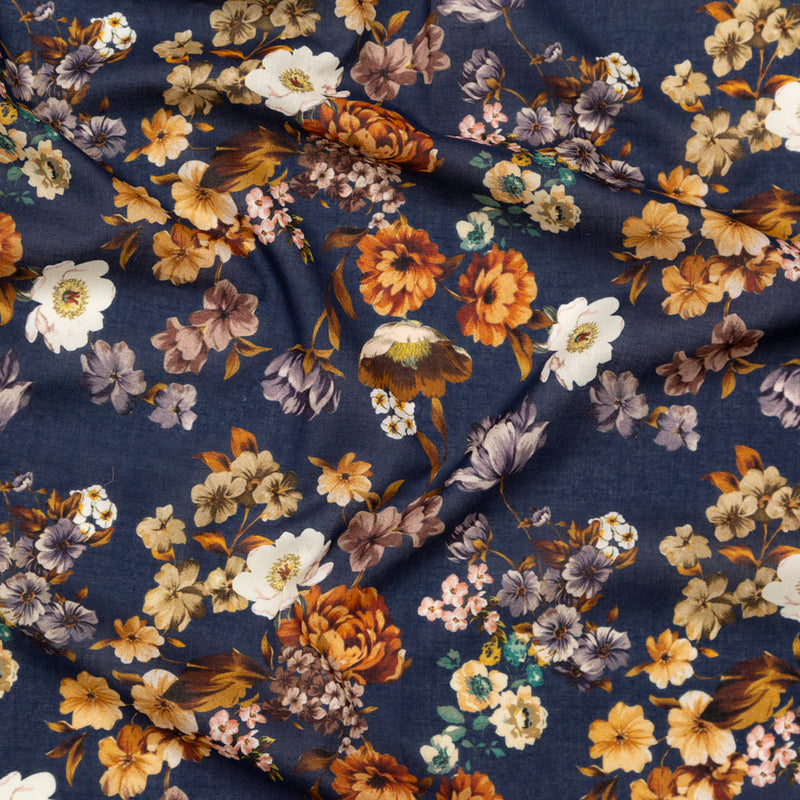 Cotton Voile - Navy and Orange Floral - Floral Dreams Print - Mood Exclusive St. Tropez Collection