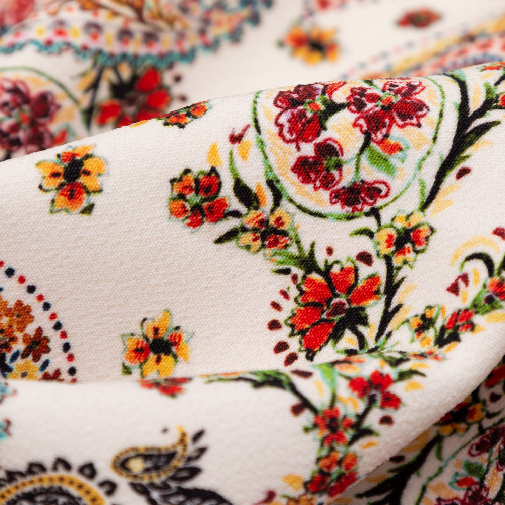 Stretch Polyester Crepe - White Paisleys - Thought Impressions Print - Mood Exclusive Kenko Collection