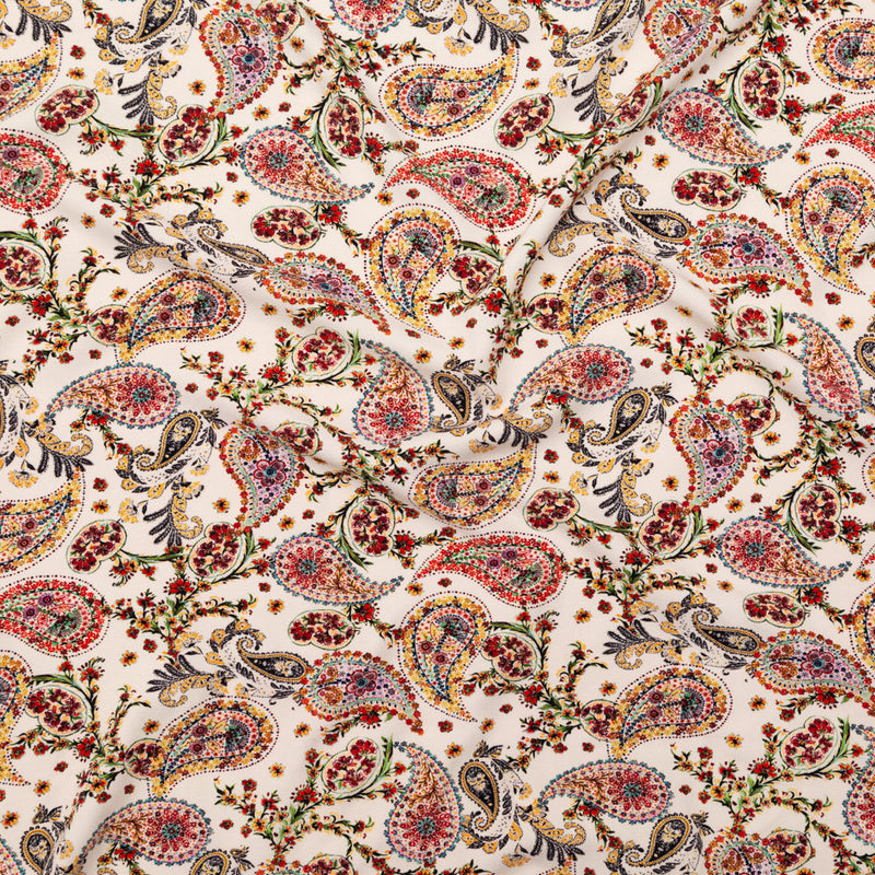Stretch Polyester Crepe - White Paisleys - Thought Impressions Print - Mood Exclusive Kenko Collection