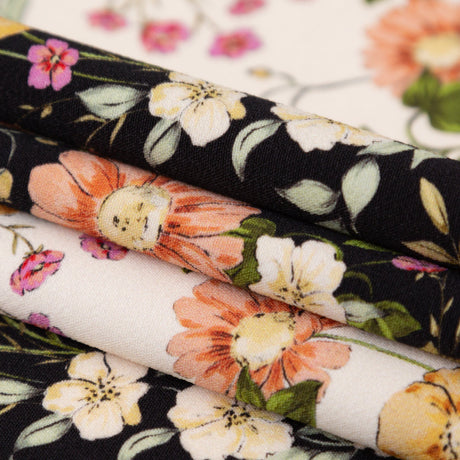 Stretch Polyester Crepe - Black and White Floral Stripes - Better in the Night Print - Mood Exclusive Kenko Collection