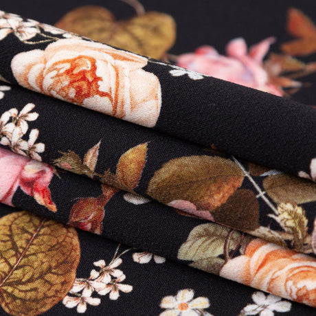 Stretch Polyester Crepe - Black Floral - Blossoms of the Heart Print - Mood Exclusive Kenko Collection