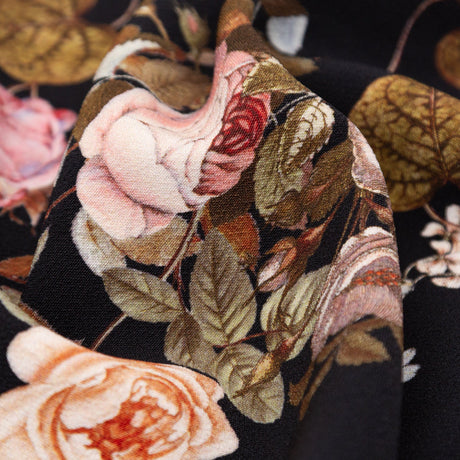 Stretch Polyester Crepe - Black Floral - Blossoms of the Heart Print - Mood Exclusive Kenko Collection