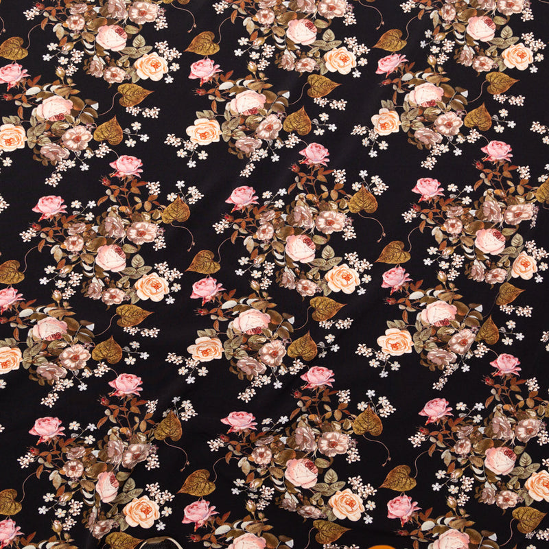 Stretch Polyester Crepe - Black Floral - Blossoms of the Heart Print - Mood Exclusive Kenko Collection