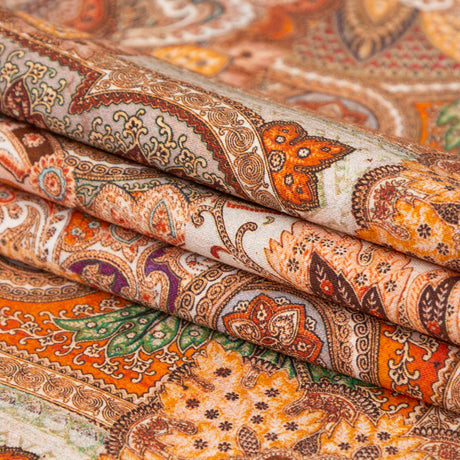 Stretch Cotton Sateen - Orange Patchwork - Gemlike Assemblage Print - Mood Exclusive Kenko Collection
