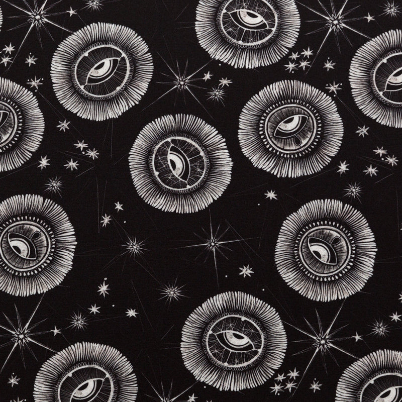 Stretch Polyester Crepe - Black and White Celestial Eyes - Night Side of Nature Print - Mood Exclusive Crow Collection