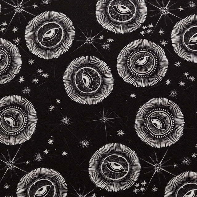 Stretch Polyester Crepe - Black and White Celestial Eyes - Night Side of Nature Print - Mood Exclusive Crow Collection