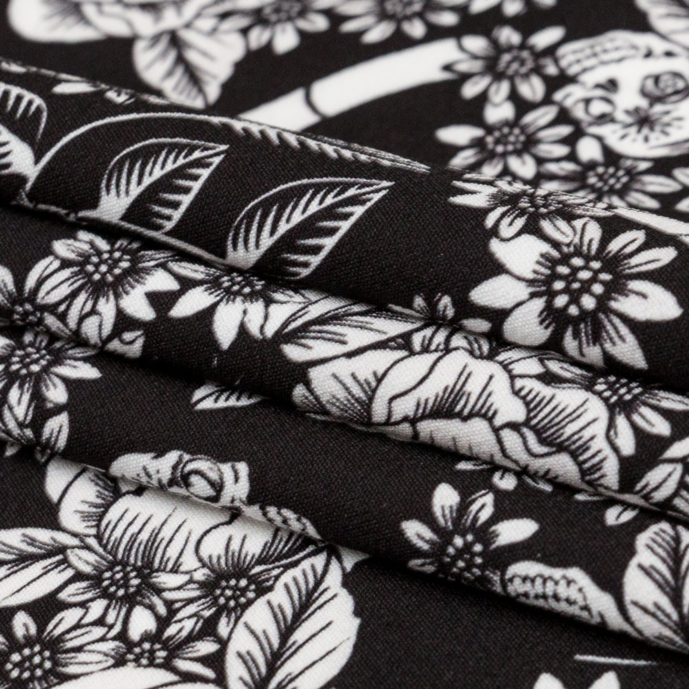 Stretch Polyester Crepe - Black and Star White Roses - Prophetic Dreams Print - Mood Exclusive Crow Collection