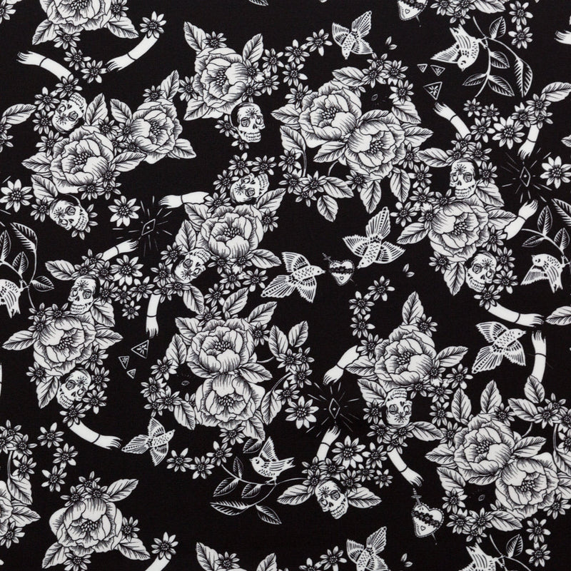 Stretch Polyester Crepe - Black and Star White Roses - Prophetic Dreams Print - Mood Exclusive Crow Collection