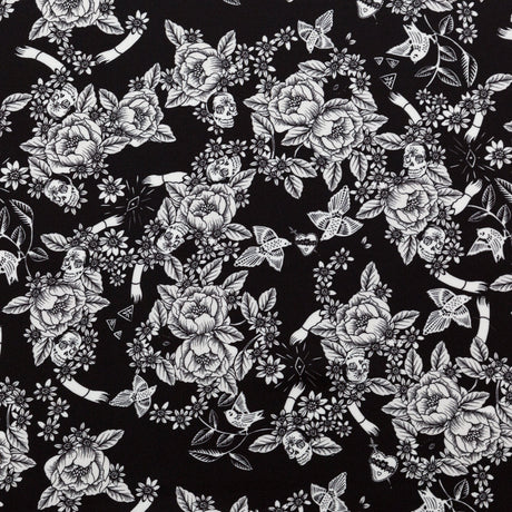 Stretch Polyester Crepe - Black and Star White Roses - Prophetic Dreams Print - Mood Exclusive Crow Collection