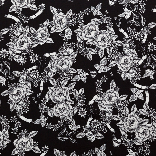 Stretch Polyester Crepe - Black and Star White Roses - Prophetic Dreams Print - Mood Exclusive Crow Collection