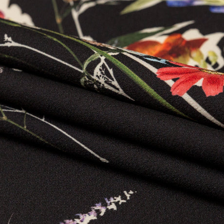 Stretch Polyester Crepe Panel - Black and Rainbow Floral - The Power of Will Print - Mood Exclusive Crow Collection