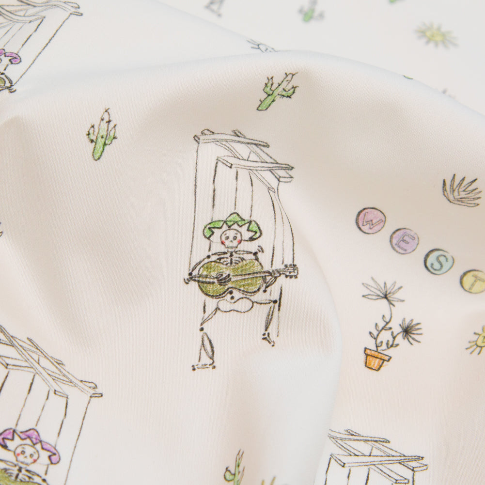 Stretch Cotton Sateen - White Skeleton Marionettes - My Friend's Story Print - Mood Exclusive Crow Collection