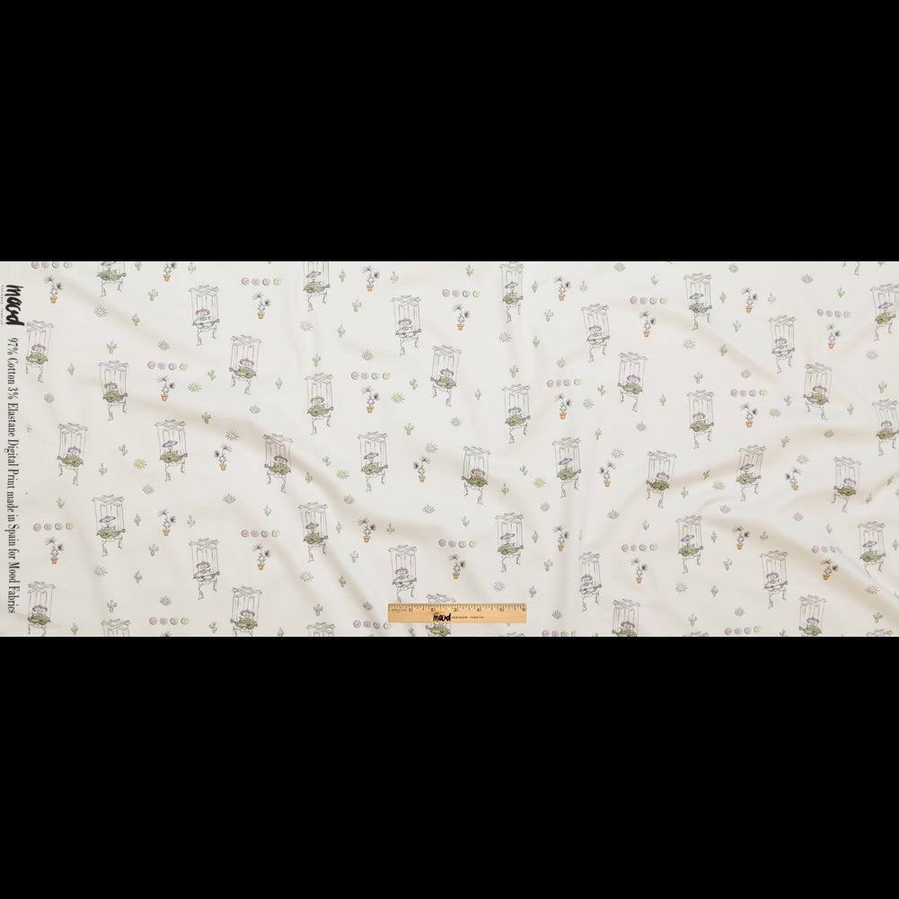 Stretch Cotton Sateen - White Skeleton Marionettes - My Friend's Story Print - Mood Exclusive Crow Collection