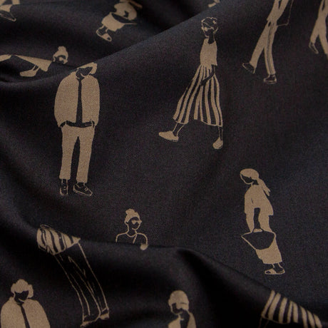 Stretch Cotton Sateen - Black and Beige People - Double Dreaming and Trance Print - Mood Exclusive Crow Collection