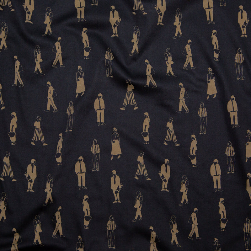 Stretch Cotton Sateen - Black and Beige People - Double Dreaming and Trance Print - Mood Exclusive Crow Collection