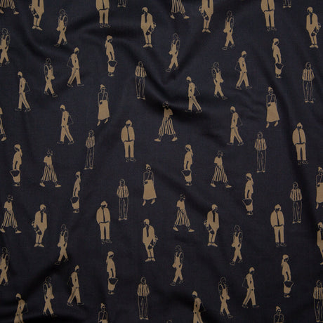 Stretch Cotton Sateen - Black and Beige People - Double Dreaming and Trance Print - Mood Exclusive Crow Collection