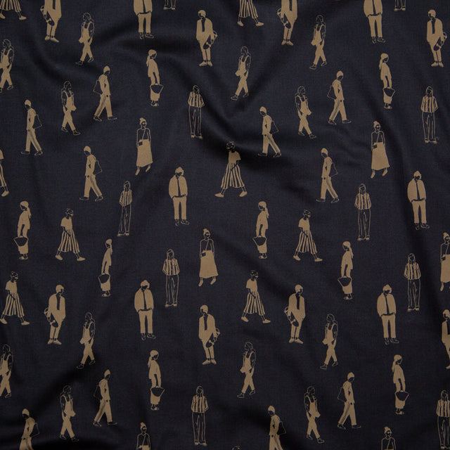 Stretch Cotton Sateen - Black and Beige People - Double Dreaming and Trance Print - Mood Exclusive Crow Collection