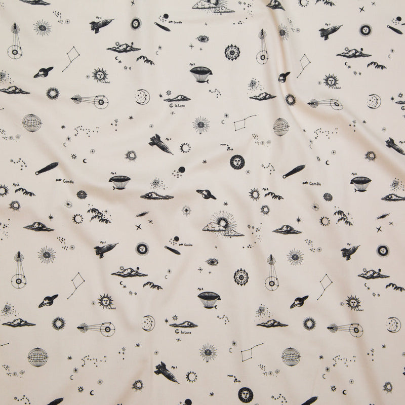 Stretch Cotton Sateen - White Flying Machines and Outer Space - Future That Awaits Us Print - Mood Exclusive Crow Collection